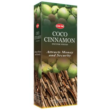 Coconut Cinnamon Incense Sticks, HEM Hex Pack - 6 Boxes x 20 Sticks